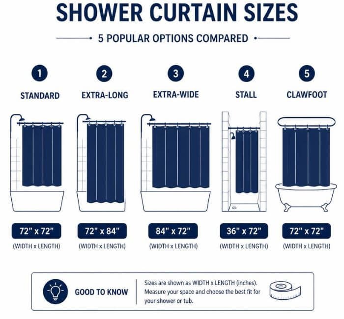 Shower curtain size chart comparing standard, extra-long, extra-wide, stall, and clawfoot dimensions