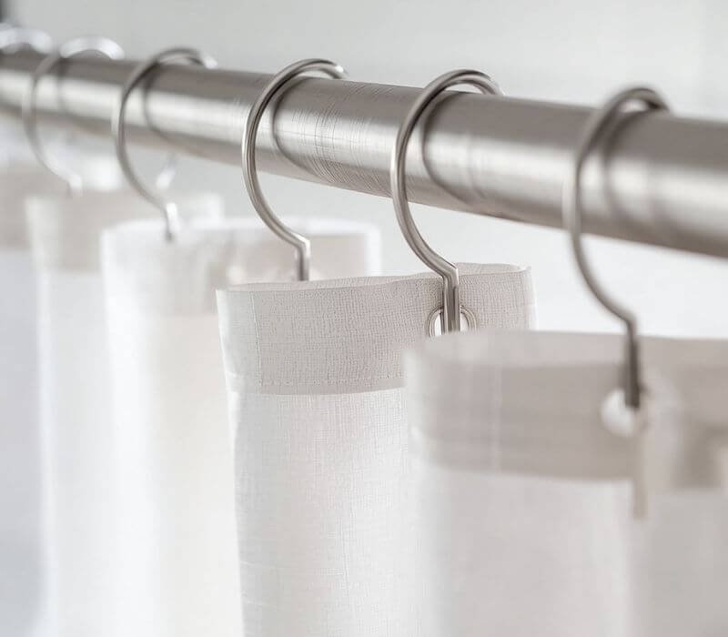 Close-up of a shower curtain liner hung just inside the outer curtain on rings
