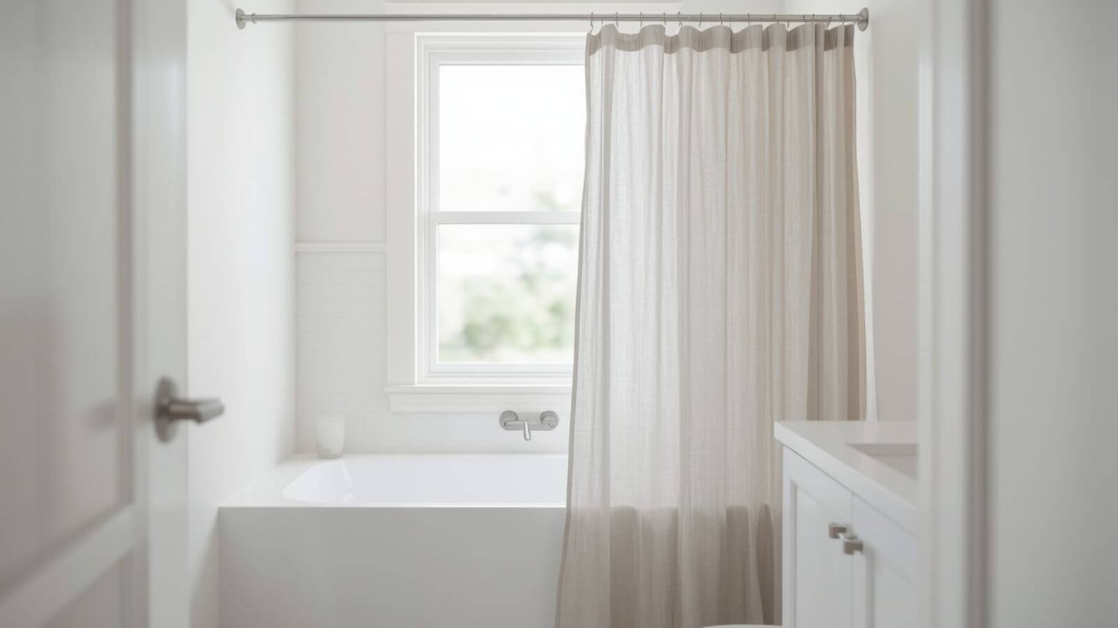 Standard 70 x 72 inch shower curtain hanging on a bathtub-shower combo